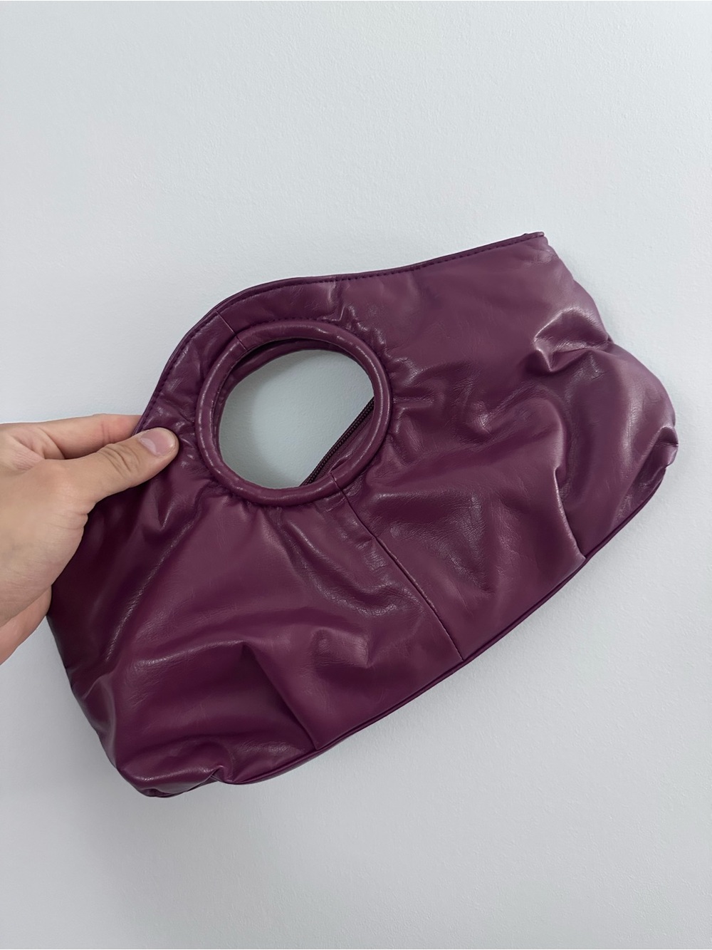 Plum Circle-Handle Leather Clutch